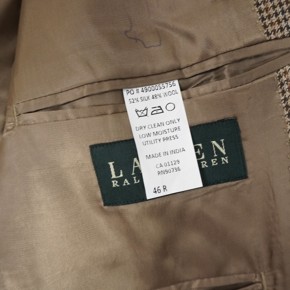 Ralph Lauren Beige Plaid Houndstooth Two Button Blazer Sport Coat 46R Silk Wool - Picture 9 of 10